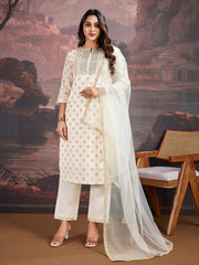 White Foil Printed Embroidered Silk Blend Kurta with Pants & Net Dupatta