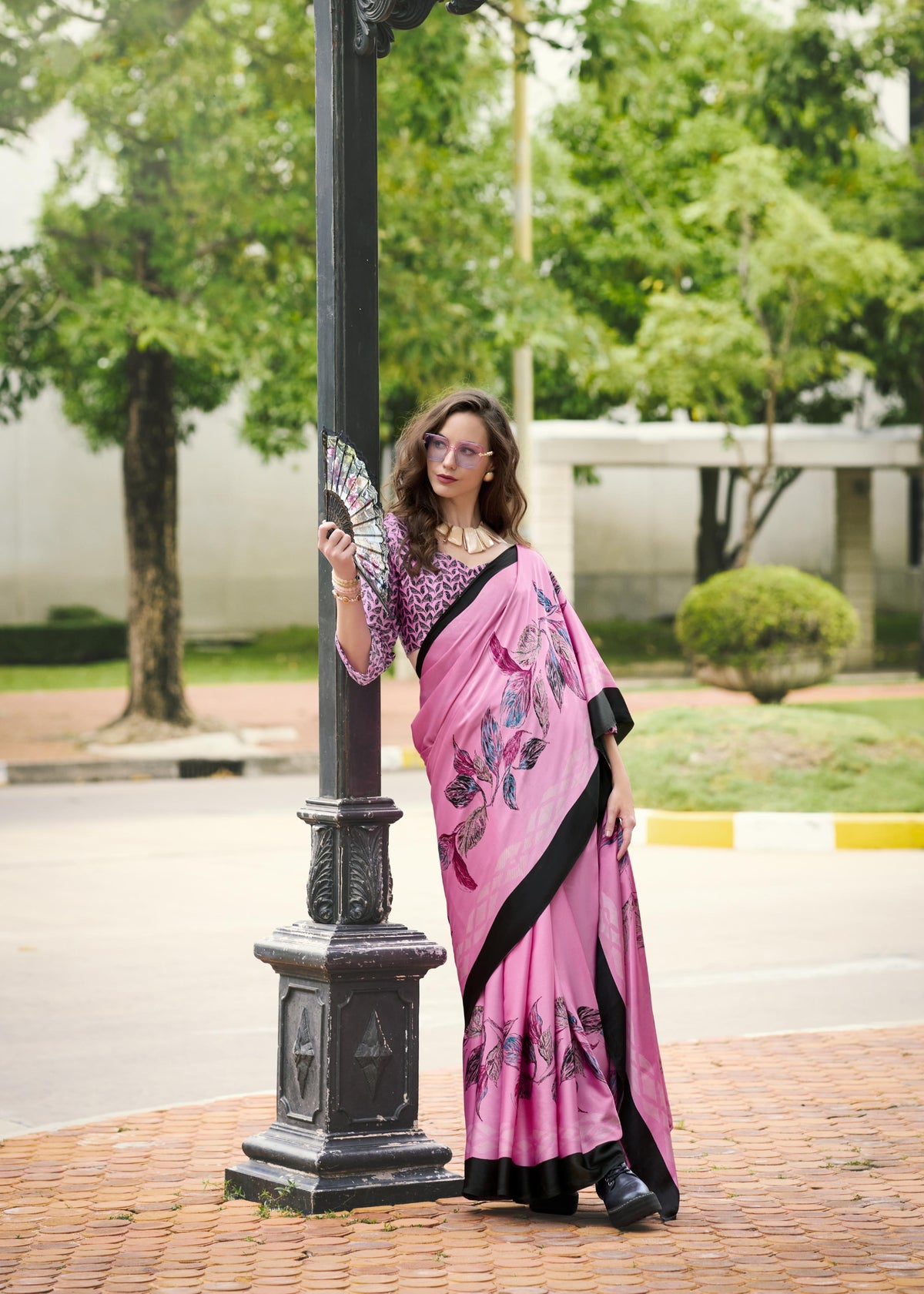 Digital Printed Satin Saree with Unstiched Blouse.