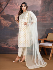 White Foil Printed Embroidered Silk Blend Kurta with Pants & Net Dupatta