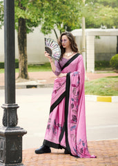 Digital Printed Satin Saree with Unstiched Blouse.