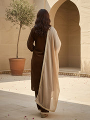 Brown Velvet Embroidered Kurta, Pant and Dupatta Set