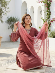 Dusty Rose Pink Velvet Kurta, Pant and Dupatta Set