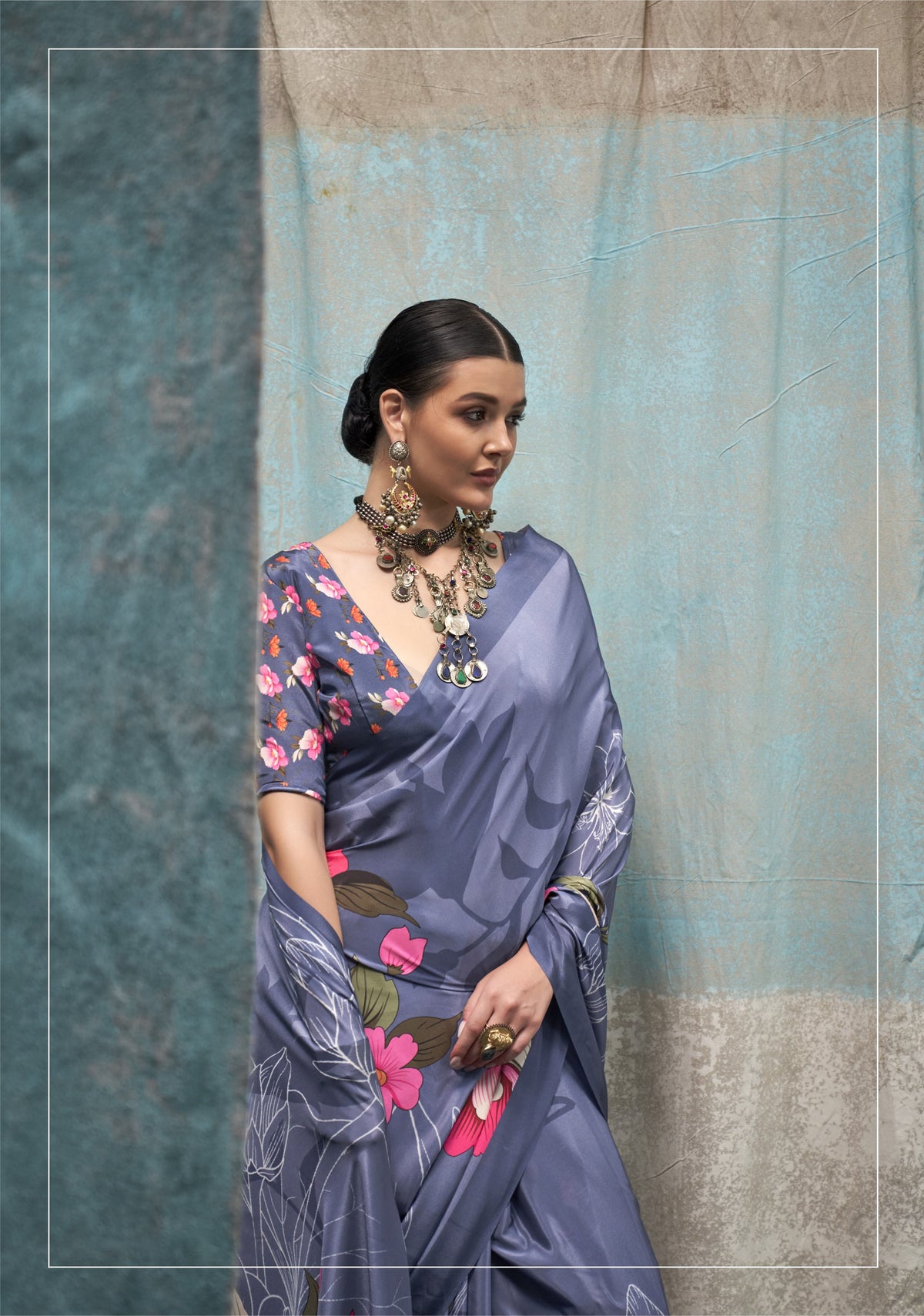 Digital Printed Satin Saree with Unstiched Blouse