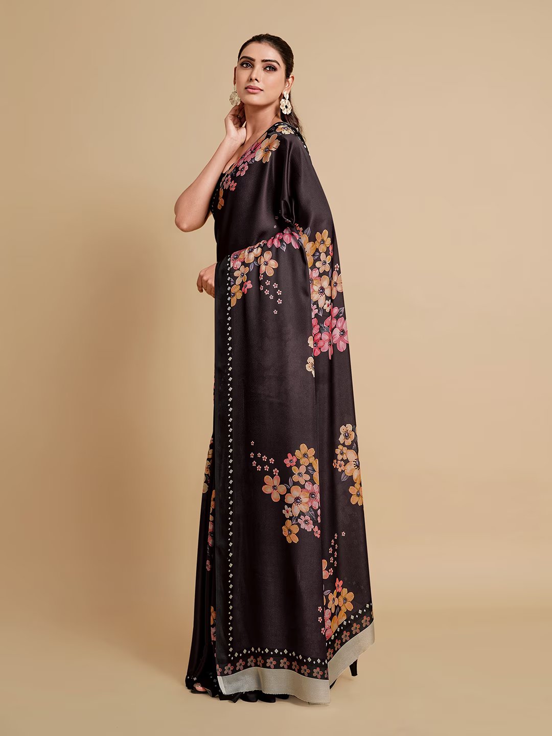 Digital Printed Satin Saree with Unstiched Blouse