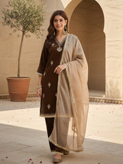 Brown Velvet Embroidered Kurta, Pant and Dupatta Set