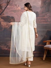 White Foil Printed Embroidered Silk Blend Kurta with Pants & Net Dupatta