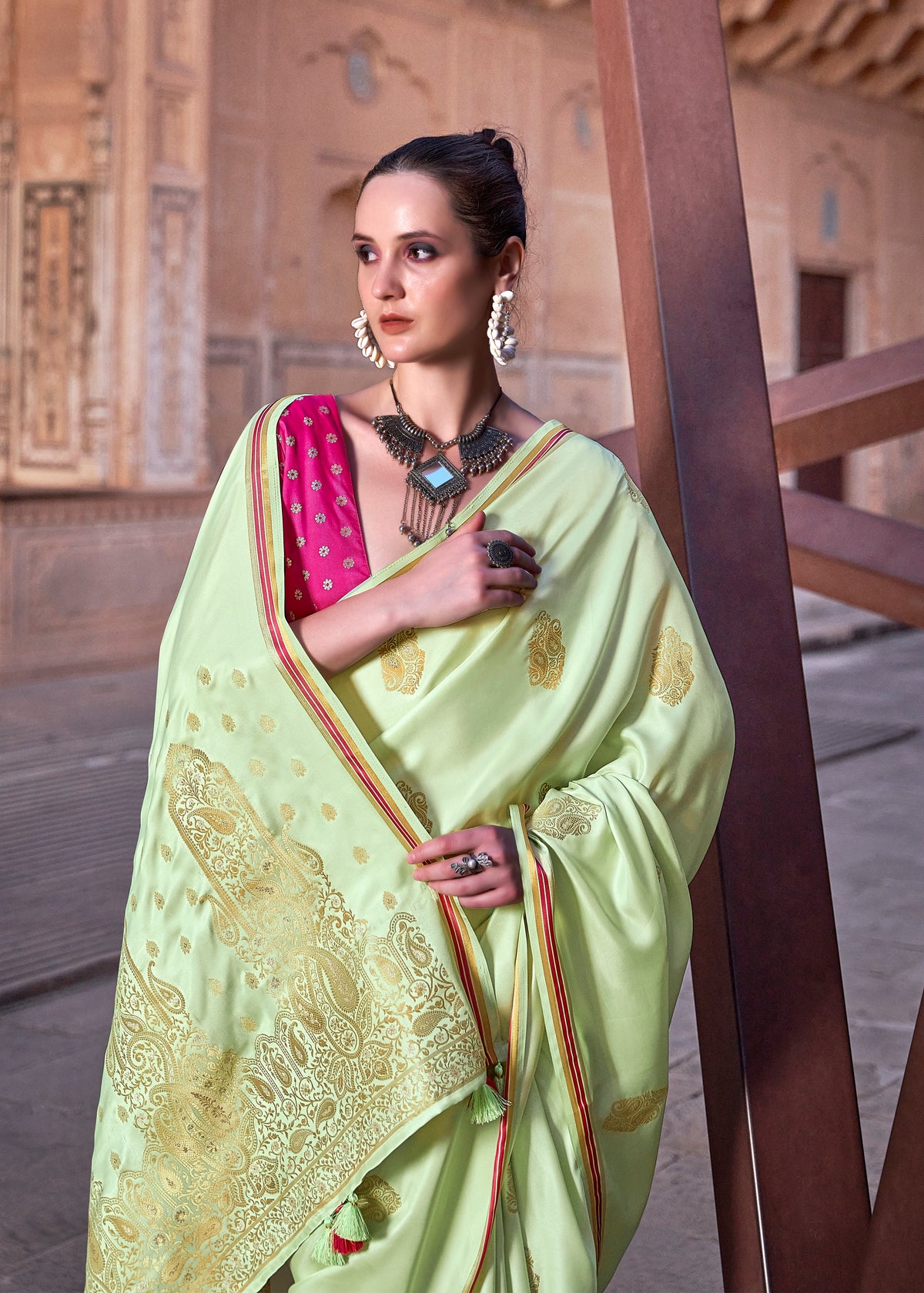 Pista Green Pure Satin Saree with Zari Weaving Border and Unstitched Blouse Piece