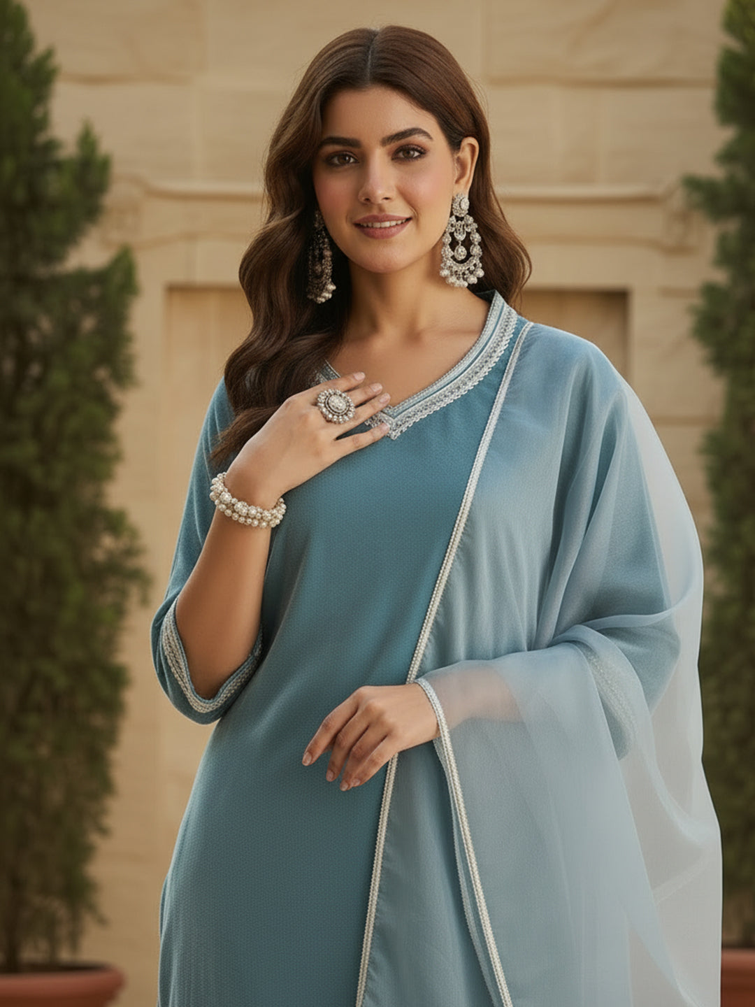 Velvet Straight-Cut Kurta, Pant with Dupatta