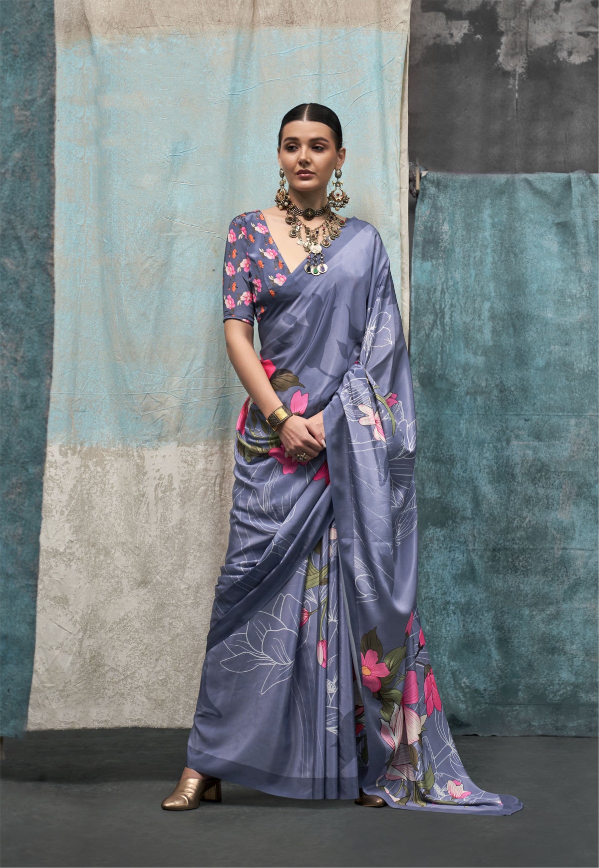 Digital Printed Satin Saree with Unstiched Blouse.