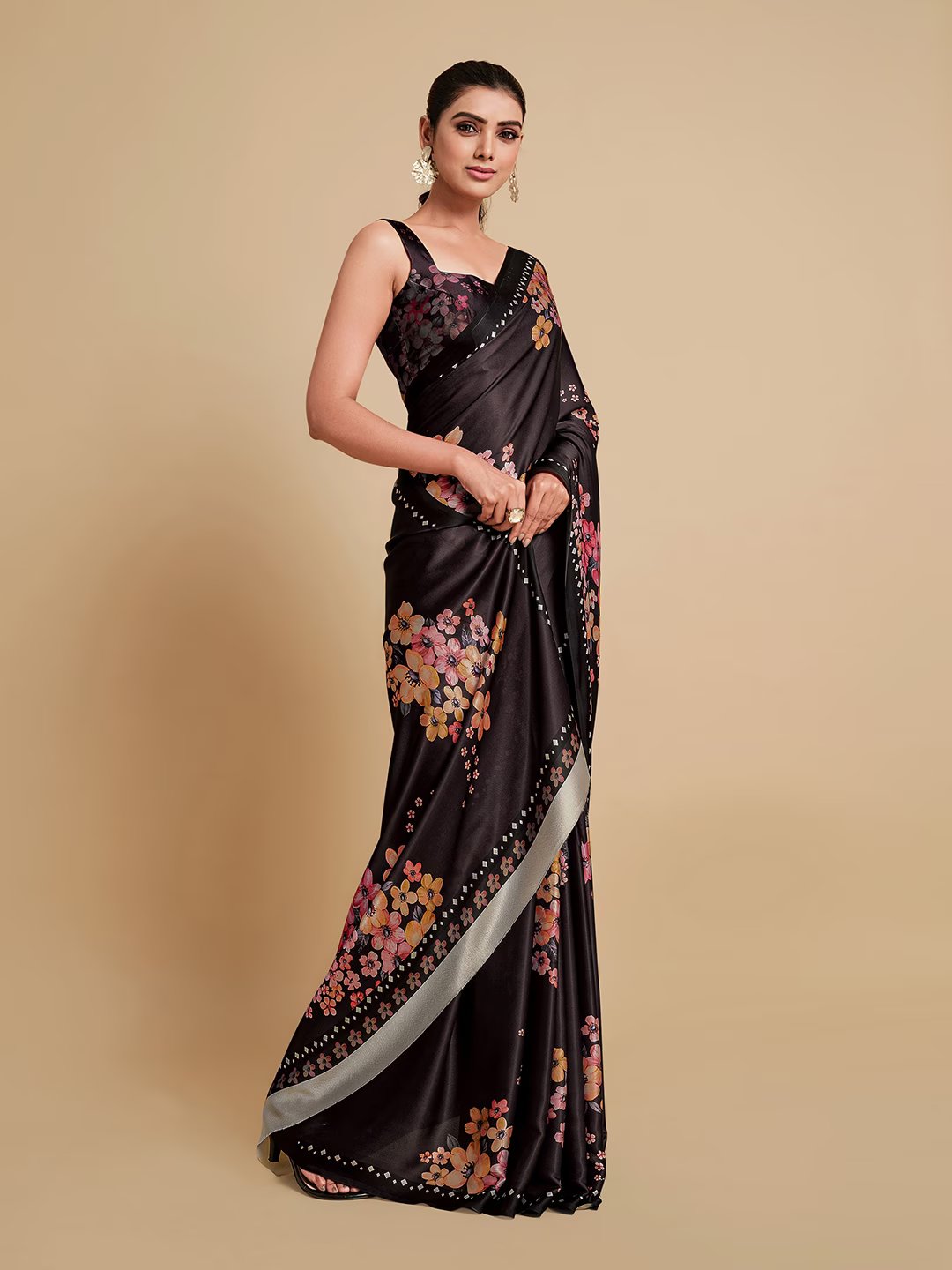 Digital Printed Satin Saree with Unstiched Blouse