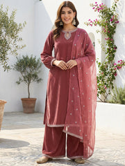 Dusty Rose Pink Velvet Kurta, Pant and Dupatta Set