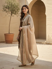 Brown Velvet Embroidered Kurta, Pant and Dupatta Set