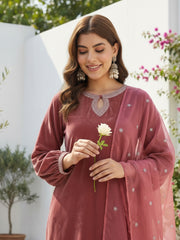 Dusty Rose Pink Velvet Kurta, Pant and Dupatta Set