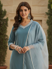 Velvet Straight-Cut Kurta, Pant with Dupatta