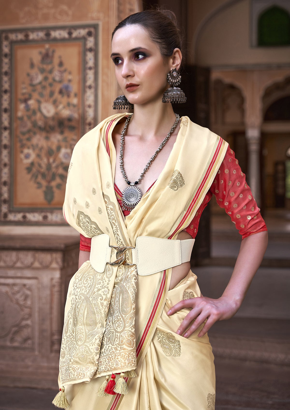 Butter Yellow Pure Satin Saree with Zari Weaving Border and Unstitched Blouse Piece