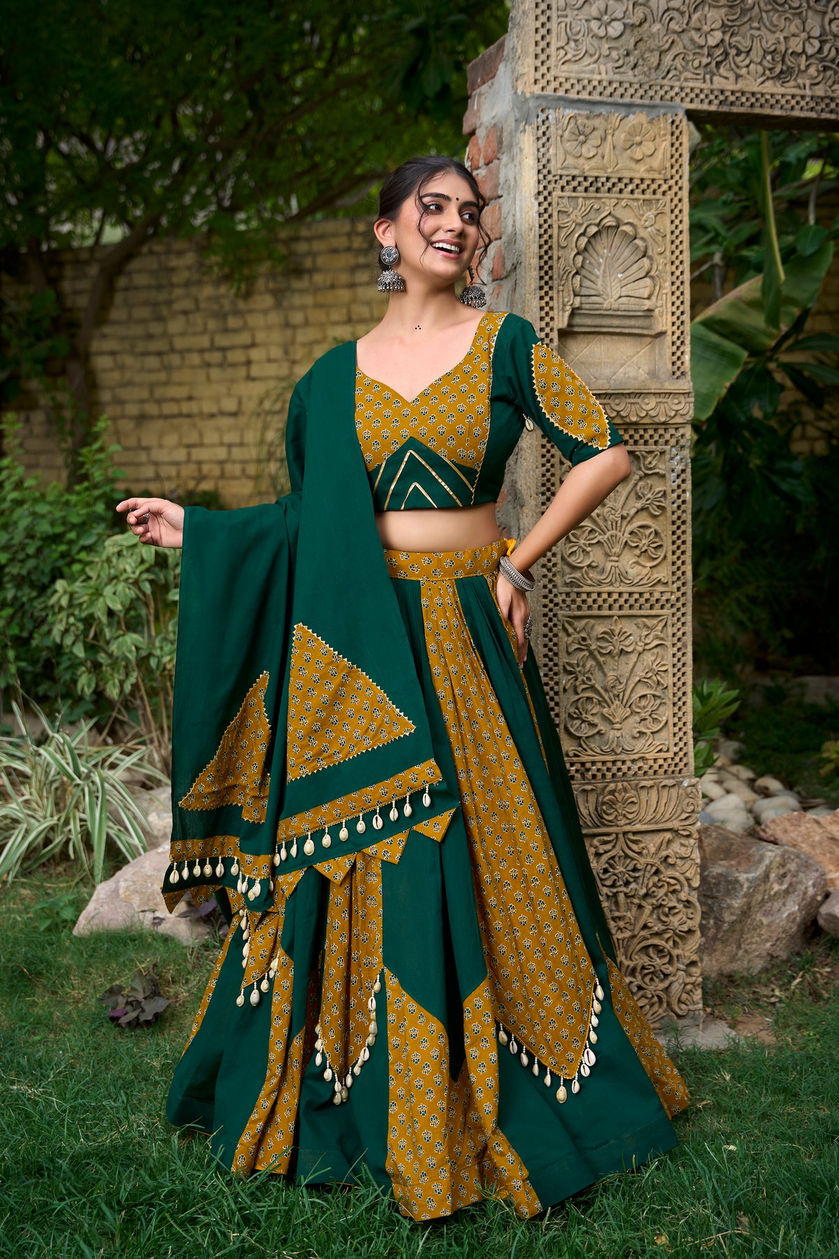 Mustard & Green Cotton Navratri Lehenga Choli