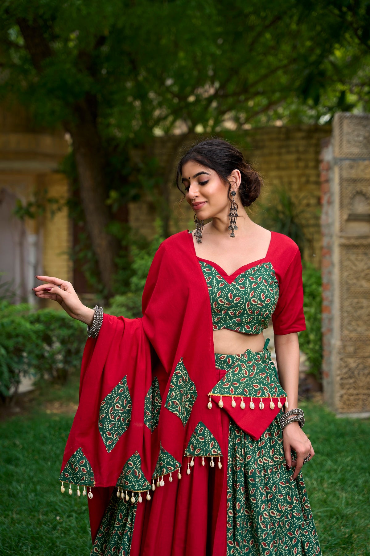 Maroon & Green Cotton Printed Navratri Lehenga Choli