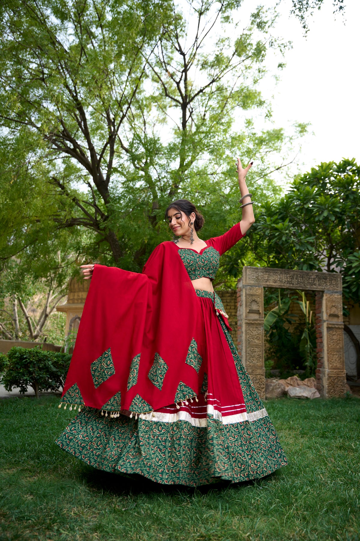 Maroon & Green Cotton Printed Navratri Lehenga Choli.