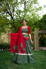 Maroon & Green Cotton Printed Navratri Lehenga Choli.