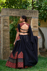 Black Printed Cotton Navratri Lehenga Choli.