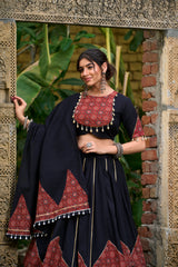 Black Printed Cotton Navratri Lehenga Choli.