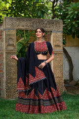 Black Printed Cotton Navratri Lehenga Choli.