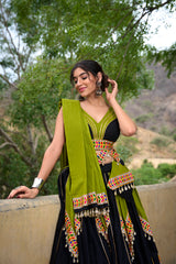 Green & Black Cotton Navratri Lehenga Choli.