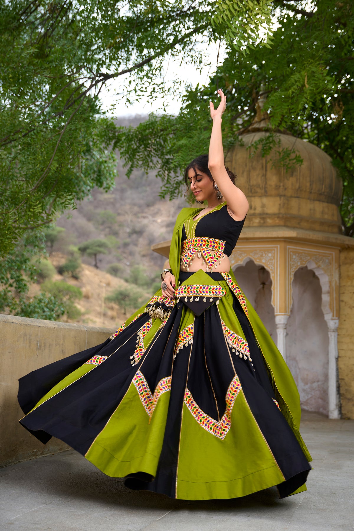 Green & Black Cotton Navratri Lehenga Choli.