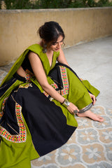 Green & Black Cotton Navratri Lehenga Choli.