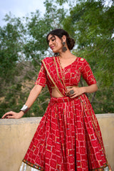 Red Pure Rayon Foil Printed With Gota Patti And Paper Mirror Work Lace Touch Navratri Lehenga Choli.