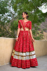 Red Pure Rayon Foil Printed With Gota Patti And Paper Mirror Work Lace Touch Navratri Lehenga Choli.