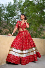 Red Pure Rayon Foil Printed With Gota Patti And Paper Mirror Work Lace Touch Navratri Lehenga Choli.