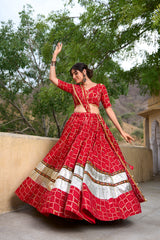 Red Pure Rayon Foil Printed With Gota Patti And Paper Mirror Work Lace Touch Navratri Lehenga Choli.