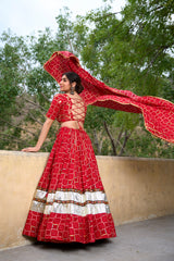 Red Pure Rayon Foil Printed With Gota Patti And Paper Mirror Work Lace Touch Navratri Lehenga Choli.