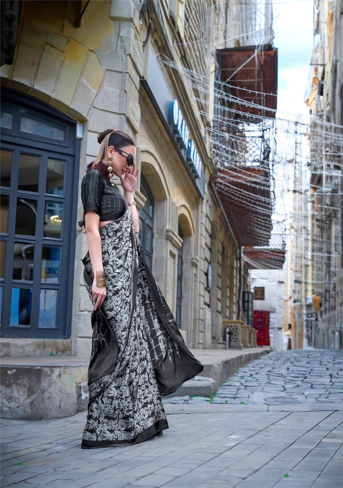 Digital Printed Satin Saree with Unstiched Blouse