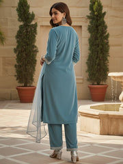 Velvet Straight-Cut Kurta, Pant with Dupatta