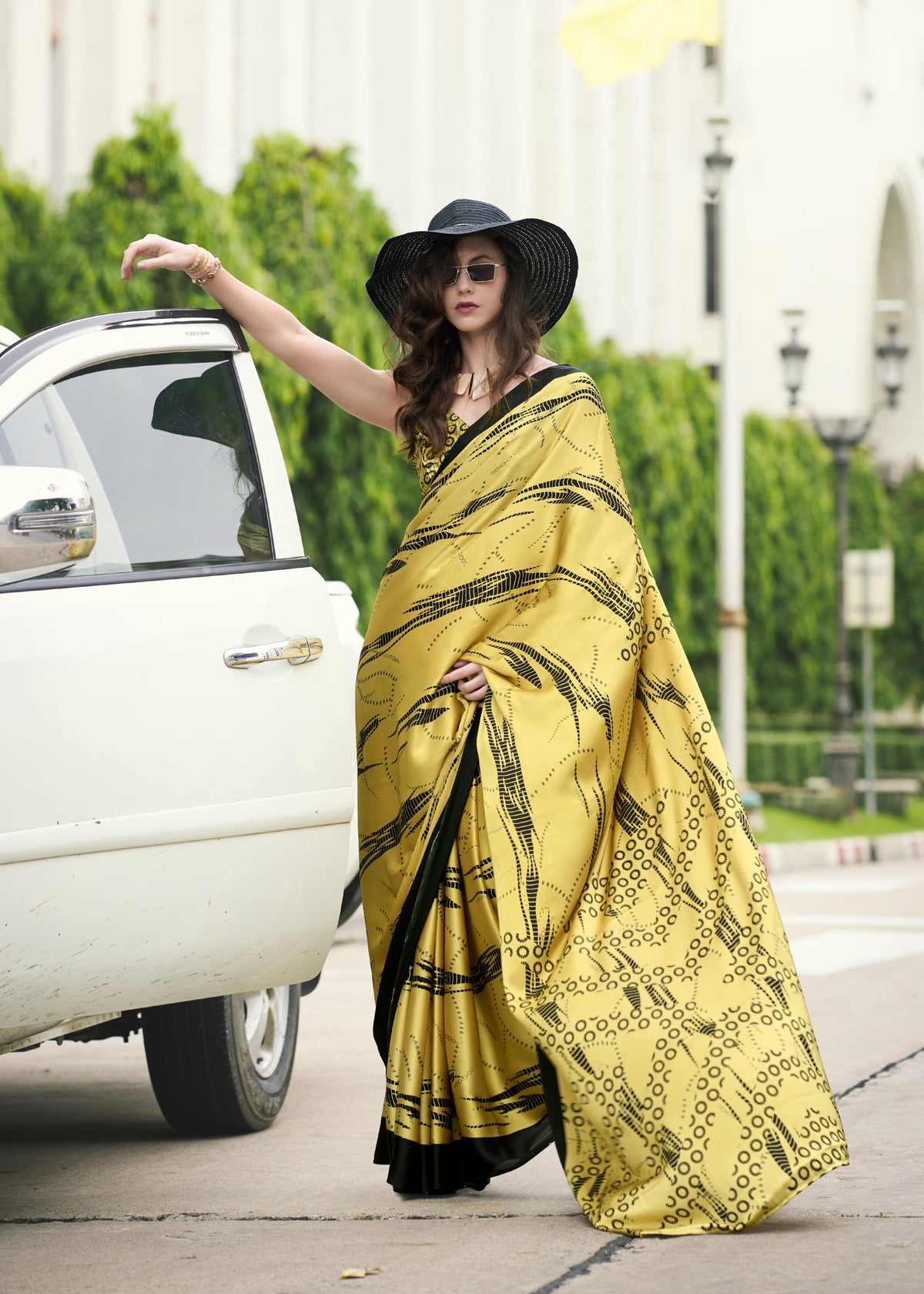 Digital Printed Satin Saree with Unstiched Blouse.