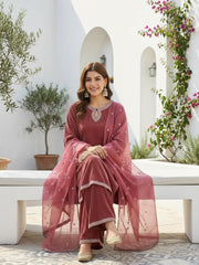 Dusty Rose Pink Velvet Kurta, Pant and Dupatta Set