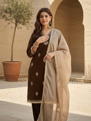Brown Velvet Embroidered Kurta, Pant and Dupatta Set