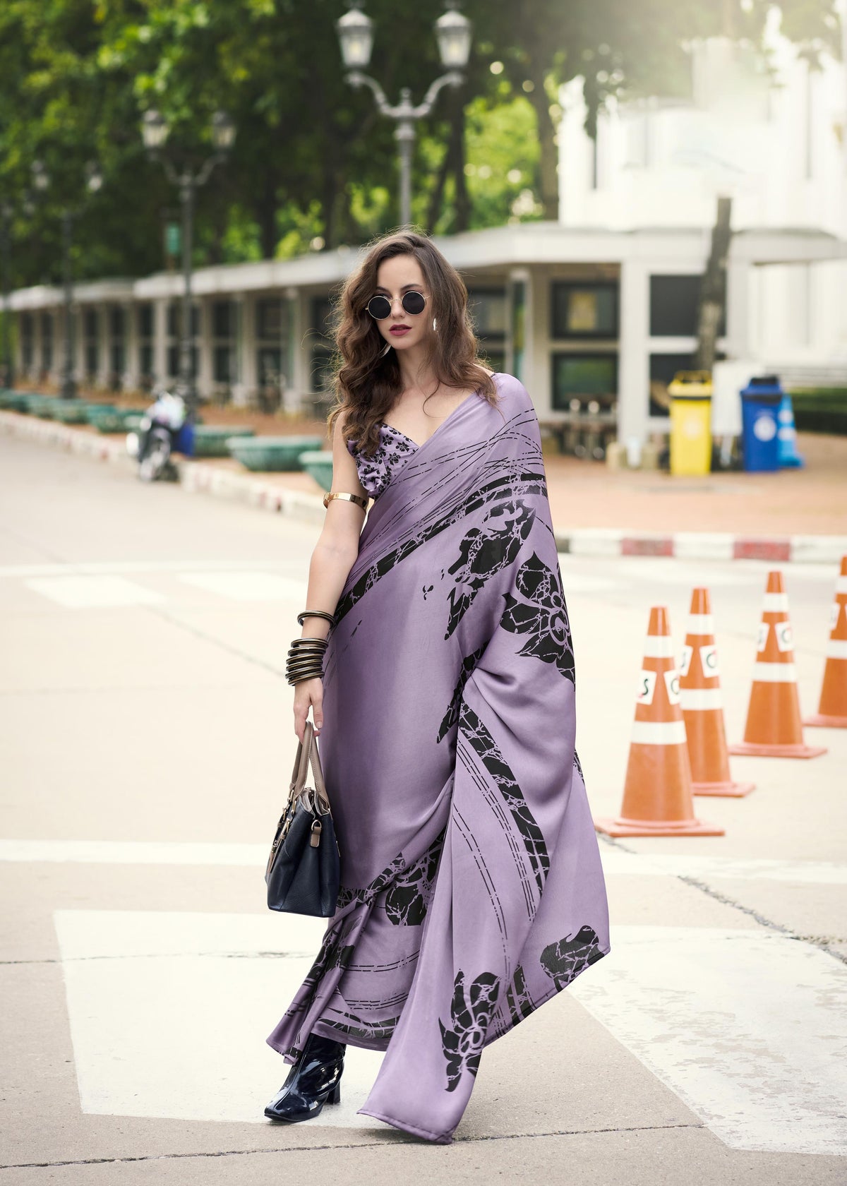 Digital Printed Satin Saree with Unstiched Blouse