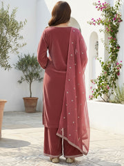 Dusty Rose Pink Velvet Kurta, Pant and Dupatta Set