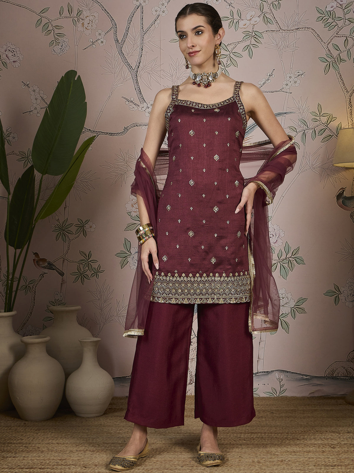 Wine Silk Kurta, Pant and Net Dupatta
