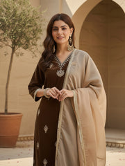 Brown Velvet Embroidered Kurta, Pant and Dupatta Set