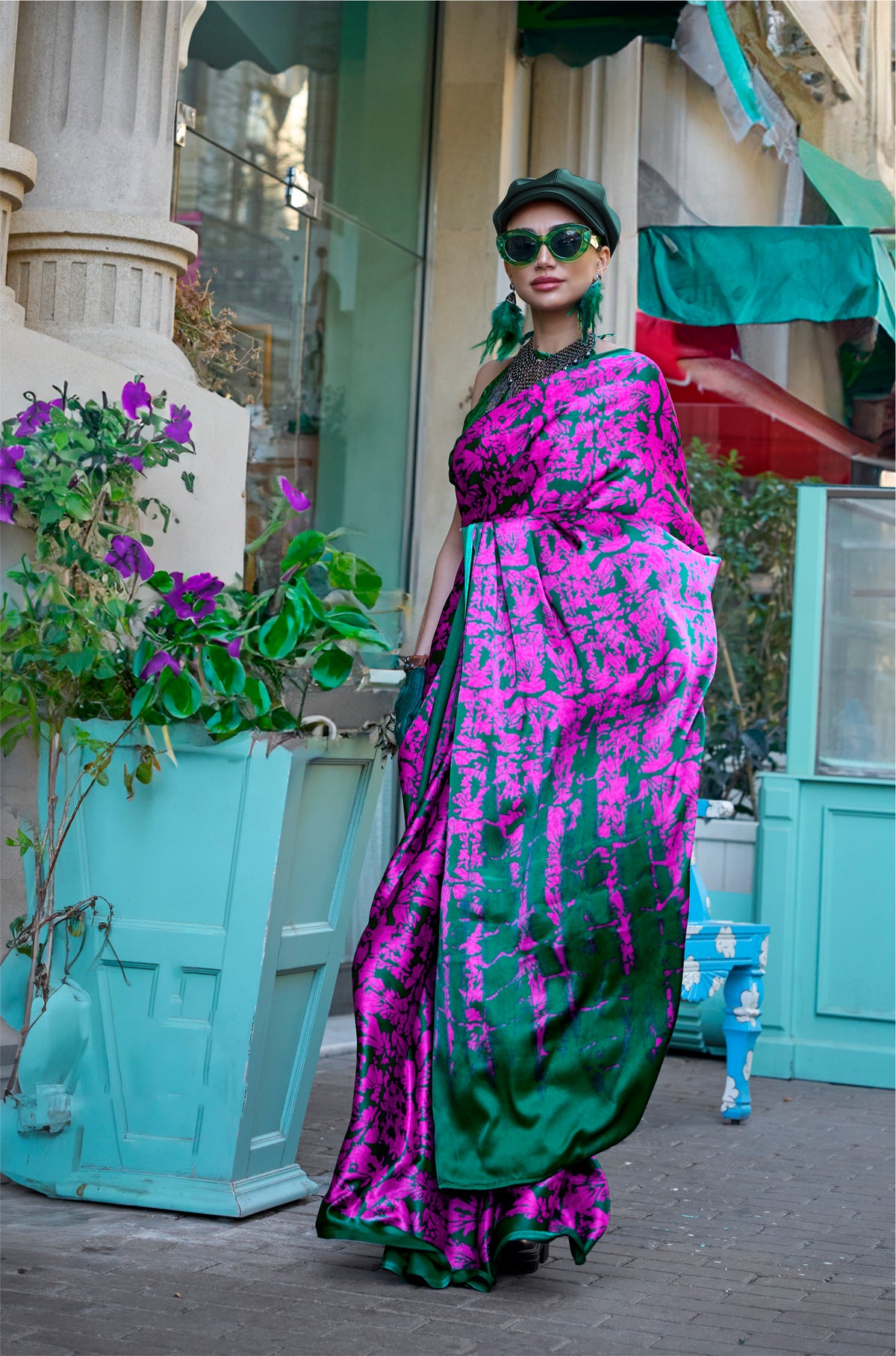 Digital Printed Satin Saree with Unstiched Blouse