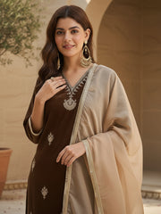 Brown Velvet Embroidered Kurta, Pant and Dupatta Set