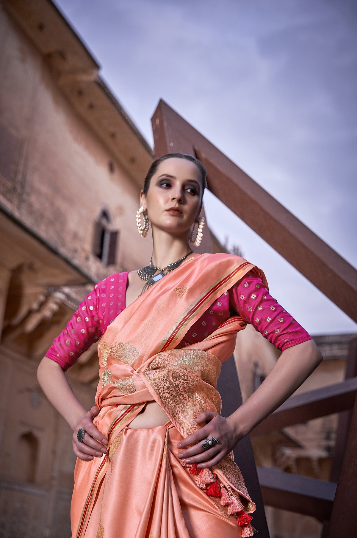 Pure Satin Orange Saree with Zari Weaving Border and Unstitched Blouse Piece