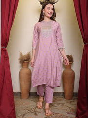 Silk Blend Embroidered Round Neck Kurta, Pant and Dupatta Set.