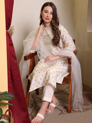 Silk Blend Embroidered Round Neck Kurta, Pant and Dupatta Set.