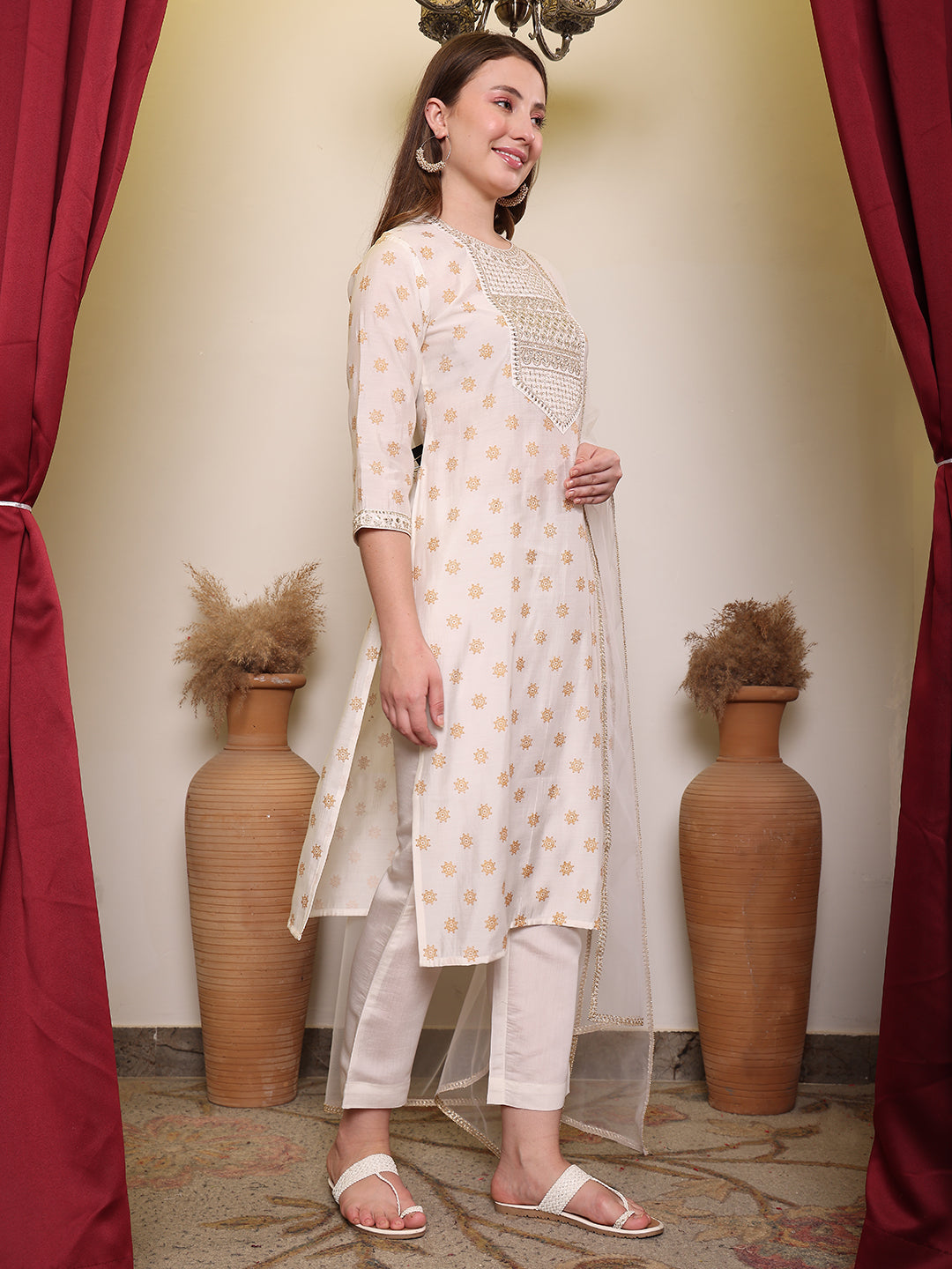 Silk Blend Embroidered Round Neck Kurta, Pant and Dupatta Set