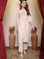 Silk Blend Embroidered Round Neck Kurta, Pant and Dupatta Set.